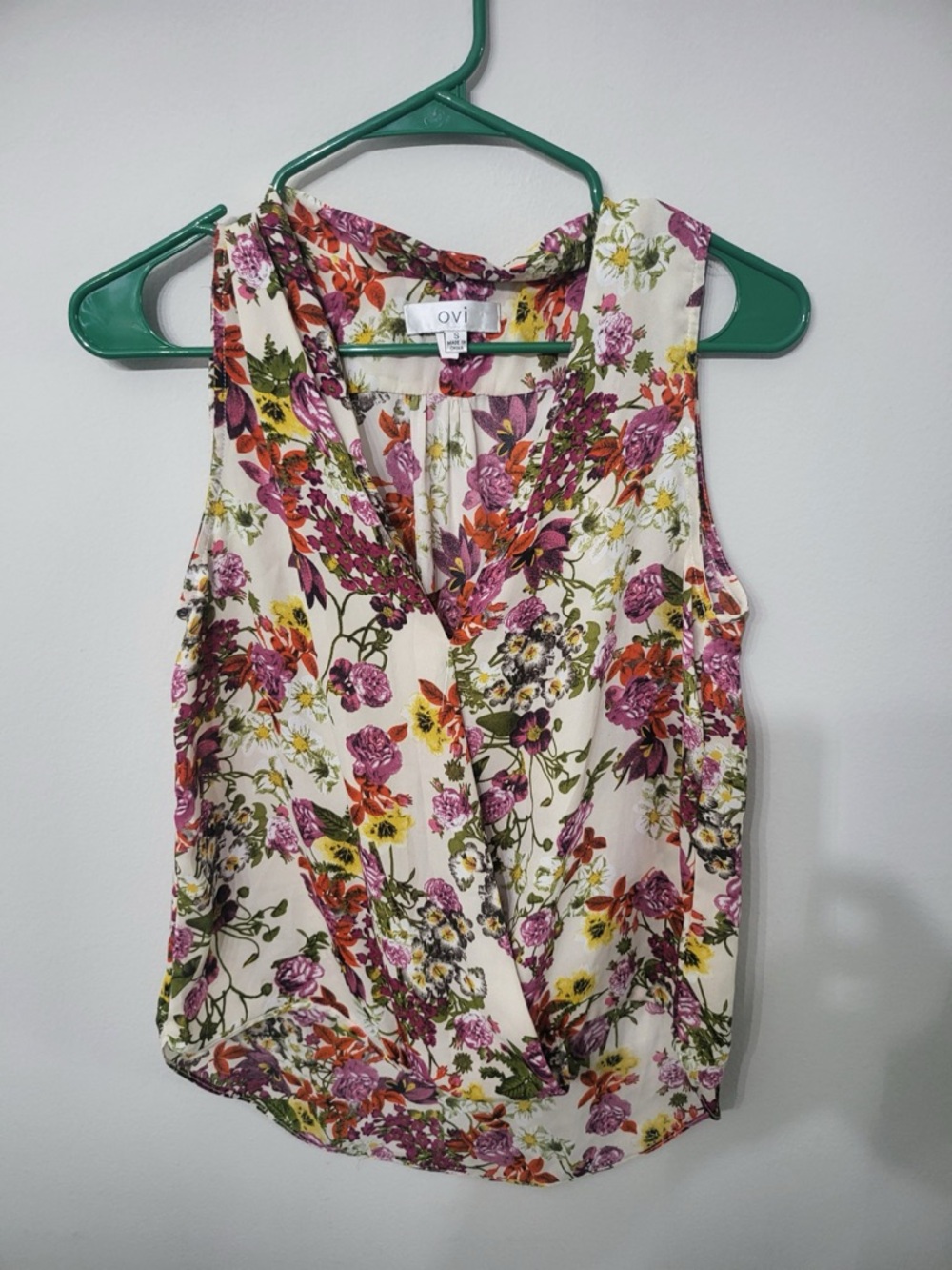 Ovi Cream Sleeveless Floral Wrap Top with Pink & Yellow Blooms Size S